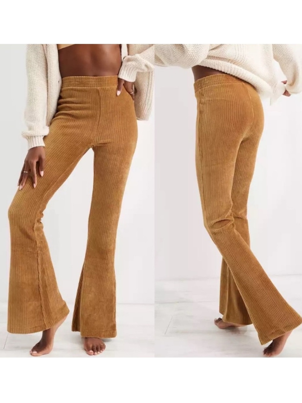Aerie Groove-On Rib Velour Flare Pant tan camel Sz S